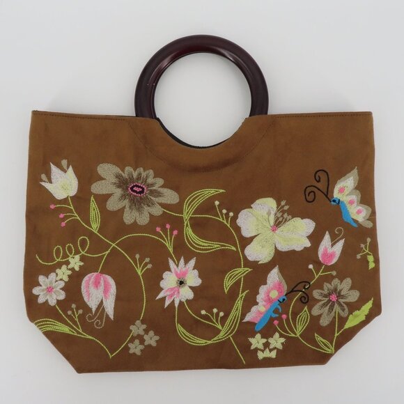 Embroidered Flower Flower Butterfly Tan Faux Suede Wood Handle Tote Bag Handbag - Picture 9 of 9